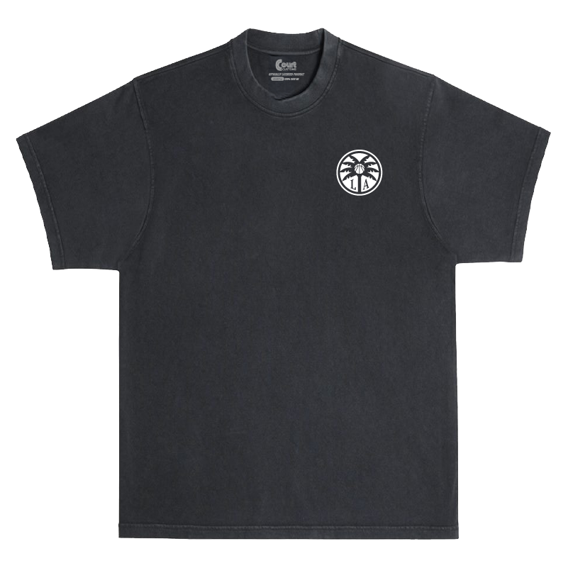 Black t-shirt with a small logo on a white background