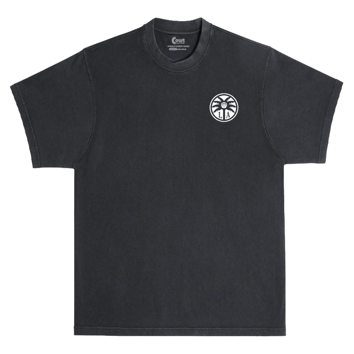 Black t-shirt with a small logo on a white background