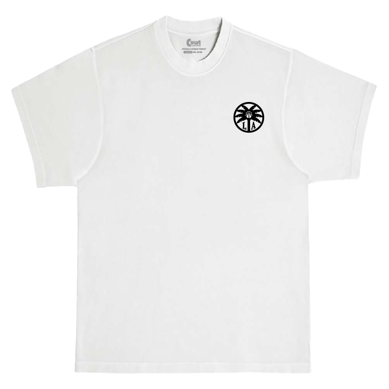 White t-shirt with a black logo on a white background