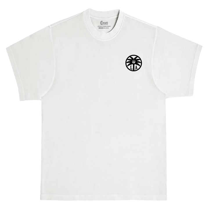 White t-shirt with a black logo on a white background