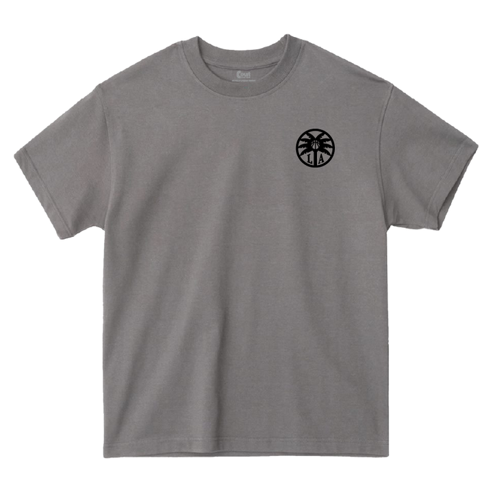 Gray t-shirt with a black logo on the chest against a white background